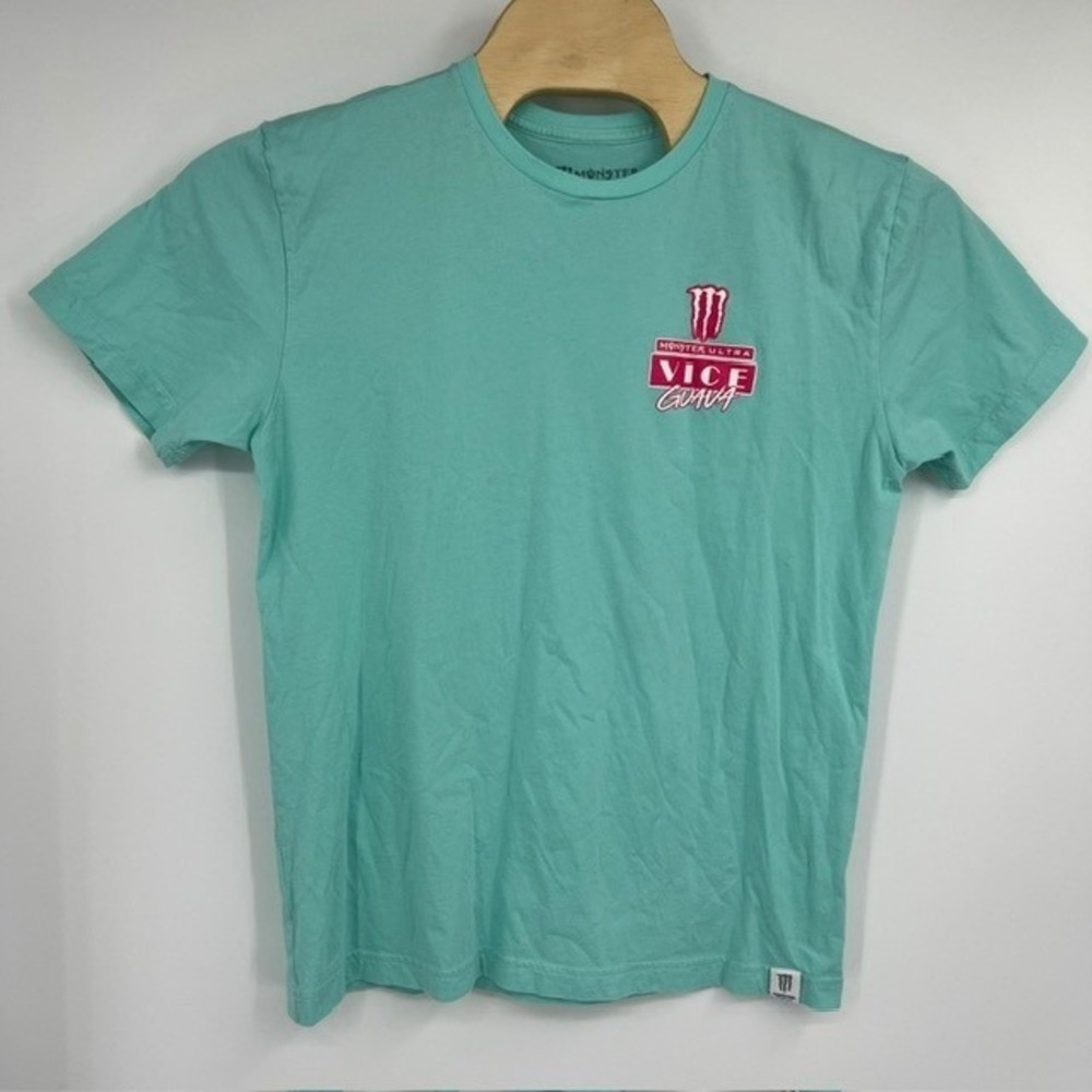Monster Energy Men's Large Ultra Vice Guava Teal Graphic Retro Car Print T-Shirt